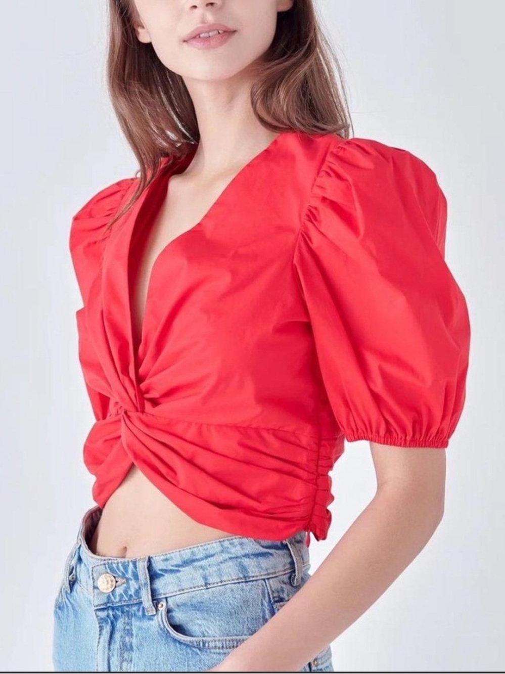 English Factory Red Twist-Knot Puff Sleeve Crop Top